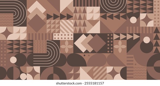 Modern geometric seamless pattern with 2025 color Mocha Mousse. Abstract background with geometric shapes. Vector illustration