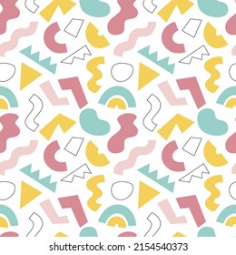 Modernes geometrisches nahtloses Muster mit abstrakten Formen auf weißem Hintergrund in Gelb, Rosa, Türkis und Schwarz. Design für Textilien, Stoffe, Umhüllungspapier und Scrapbooking.