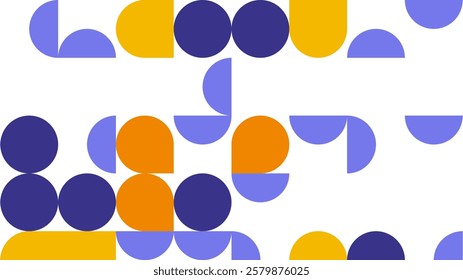Modern Geometric Seamless Pattern with Abstract Shapes in Blue, Yellow, and Purple on White Background
