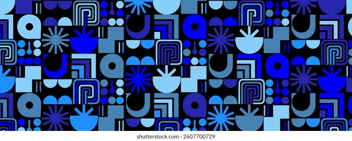 Modern Geometric Seamless Pattern with Abstract Shapes in Blue Tones for Backgrounds, Textiles, and Digital Designs