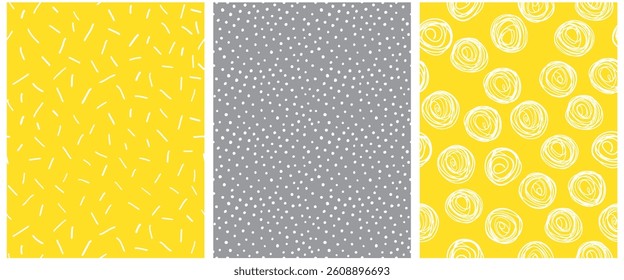 Modern Geometric Seamless Pattern. Abstract Hand Drawn Childish Vector Pattern Set. White Dots, Lines and Circles on a Gray and Bright Yellow Background. Irregular Freehand Abstract Doodle Print. RGB.
