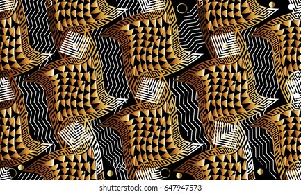 Modern geometric seamless pattern. Abstract creative background wallpaper illustration with stripes, shapes, figures, rhombus, triangles, squares and vintage wave  greek key ornaments. Vector texture.