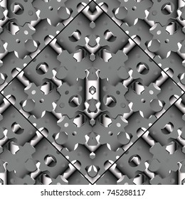 Modern geometric seamless pattern. Abstract dark background with white grey spots, rhombus, geometry shapes, figures. Vector trendy texture