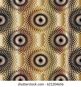 Modern geometric seamless pattern background with 3d circles,  shapes, figures and abstract floral ornaments.  Vector surface texture with shadows.