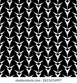 Modern Geometric Seamless Pattern in Black and White, EPS Vector Background. The repetitive vector design features sharp, symmetrical angles and abstract motifs. Delivered in high-quality EPS format.