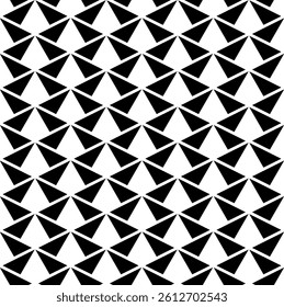 Modern Geometric Seamless Pattern in Black and White, EPS Vector Background. The repetitive vector design features sharp, symmetrical angles and abstract motifs. Delivered in high-quality EPS format.