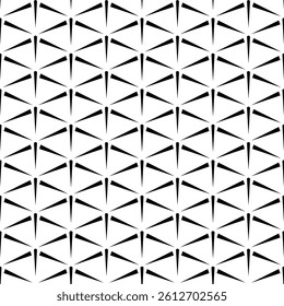 Modern Geometric Seamless Pattern in Black and White, EPS Vector Background. The repetitive vector design features sharp, symmetrical angles and abstract motifs. Delivered in high-quality EPS format.