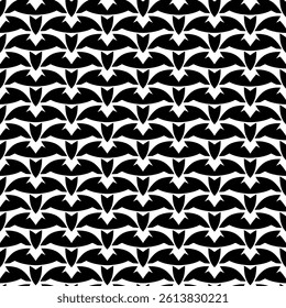 Modern Geometric Seamless Pattern in Black and White, EPS Vector Background. The repetitive vector design features sharp, symmetrical angles and abstract motifs. Delivered in high-quality EPS format.