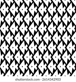 Modern Geometric Seamless Pattern in Black and White, EPS Vector Background. The repetitive vector design features sharp, symmetrical angles and abstract motifs. Delivered in high-quality EPS format.