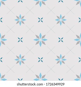 Modern geometric seamless pattern with blue flowers and blue leaf on grey background. Vector, wallpaper and background.
