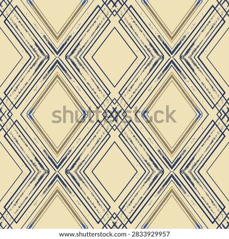 Modern geometric seamless pattern with blue diamond shapes on beige background, elegant ceramic tile and textile design.