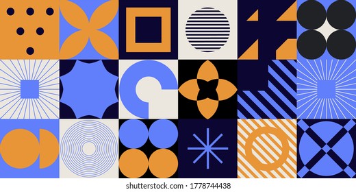 Modern geometric seamless pattern with bold simple shapes in Bauhaus and Neo-memphis retrofuturistic style. Trendy vivid fashion print with minimal composition.
