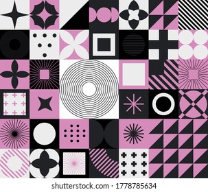 Modern geometric seamless pattern with bold simple shapes in Bauhaus and Neo-memphis retrofuturistic style. Trendy vivid fashion print with minimal composition.
