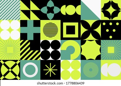 Modern geometric seamless pattern with bold simple shapes in Bauhaus and Neo-memphis retrofuturistic style. Trendy vivid fashion print with minimal composition.