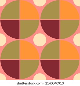 Modern geometric seamless pattern with circle and quadrant shapes. Simple trendy graphic design for print, cover, fabric, wallpaper. Color repeat texture in green, orange, pink tones