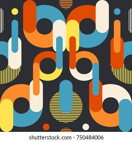 Modern geometric seamless pattern with colored circles and large rounded rectangles.