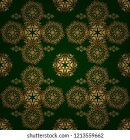 Modern geometric seamless pattern with gold repeating elements on a green background. Seamless vector golden ornament.