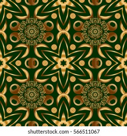Modern geometric seamless pattern with gold repeating elements on a green background. Seamless vector golden ornament.