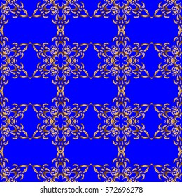 Modern geometric seamless pattern with gold repeating elements on a blue background. Seamless vector golden ornament.