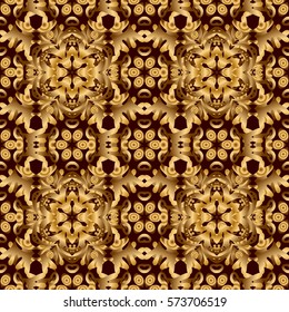 Modern geometric seamless pattern with gold repeating elements on a brown background. Seamless vector golden ornament.