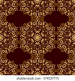 Modern geometric seamless pattern with gold repeating elements on a brown background. Seamless vector golden ornament.