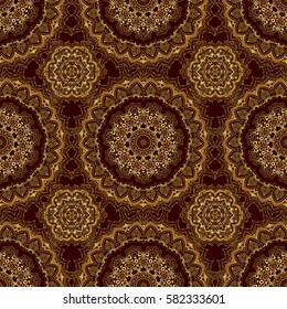 Modern geometric seamless pattern with gold repeating elements on a brown background. Seamless vector golden ornament.