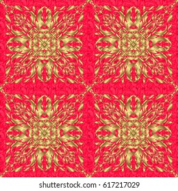 Modern geometric seamless pattern with gold repeating elements on a red background. Seamless vector golden ornament.