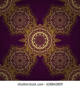 Modern geometric seamless pattern with gold repeating elements on a purple background. Seamless vector golden ornament.