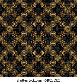 Modern geometric seamless pattern with gold repeating elements on a black background. Seamless vector golden ornament.