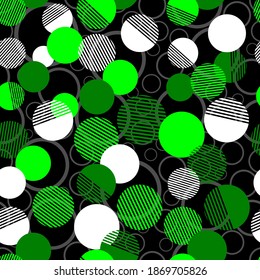 Patrón geométrico moderno sin costura de puntos y círculos de color verde sobre fondo oscuro - Ilustración vectorial