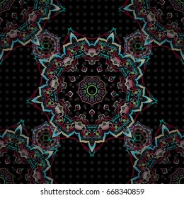 Modern geometric seamless pattern with green, blue and pink repeating elements on a black background. Seamless vector ornament.