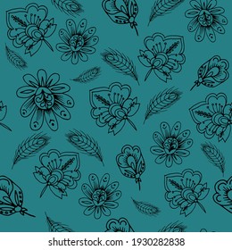 Patrón geométrico moderno sin costuras. Ilustración con flores y fondo turquesa. Diseño para textiles, papel pintado, embalaje.