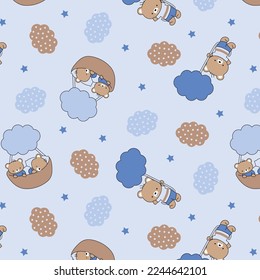 Newborn baby boy blue stroller and teddy bear teether background. Nursery  boy wallpaper design template. Boy elements seamless pattern, wrapping  paper, fabric, texture. Stock Illustration