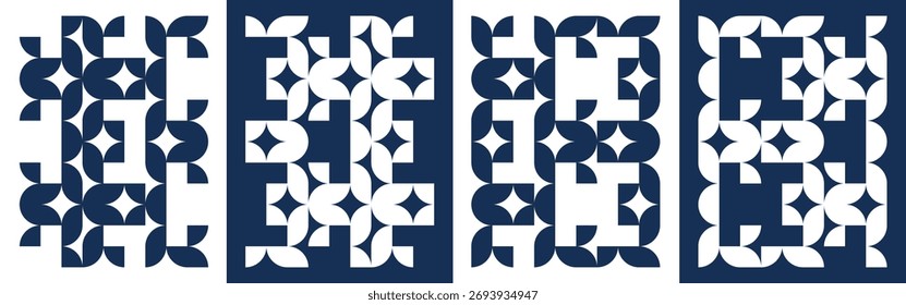 Modern geometric seamless pattern in navy and white. Abstract minimal circle and half-shape design, perfect for fabric, wallpaper, branding, and digital art. EPS vector file.