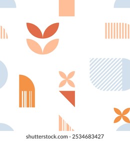 A Modern Geometric Seamless Pattern on white. Background in Soft Peach and Blue Tones for Textile, Clothes or Surfsce Design