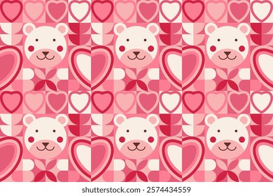 Modern Geometric seamless pattern on Valentine's day. Love, bear heart simple shapes make mosaic endless background for sale banner print. Trendy minimalist geometry cover design