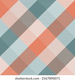 Modern Geometric Seamless Pattern with Striped Squares in Teal and Orange. Geometric Patchwork Pattern in Earthy and Teal Hues. Abstract Diagonal Line Art Design. Vector illustration. 