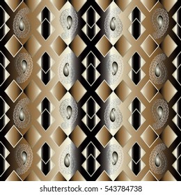 Modern geometric seamless pattern. Stripped geometrical  abstract background wallpaper with vintage 3d  paisley flowers and rhombus ornaments . Vector illustration. Luxury fabric texture.