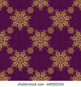Modern geometric seamless pattern for wrapping paper, fabric or textile. Vintage ornament. Vector purple and golden pattern for your designs and backgrounds.