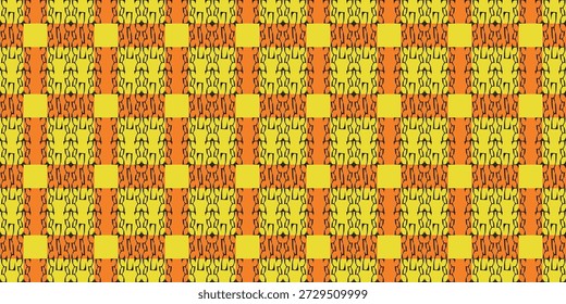 Modernes geometrisches Nahtloses Muster mit einem gelb-orangefarbenen karierten Motiv, überlagert mit aufwändiger schwarzer Linienführung.