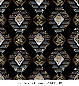 Modern geometric seamless pattern.Abstract background wallpaper illustration with vintage decorative gold 3d geometrical shapes,figures,rhombus,greek key and ornaments with shadows  and highlights.