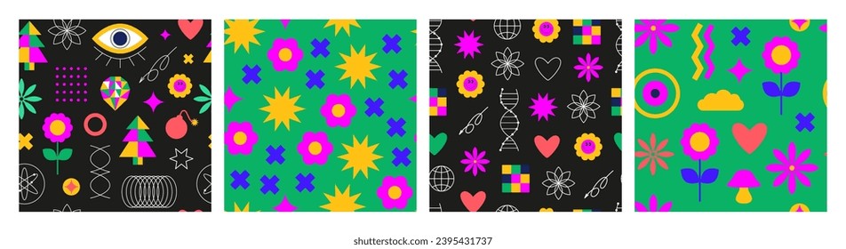 Modern geometric seamless patterns. Abstract background, digital paper. Bold brutalist elements. Line art, frames, flowers, shapes, figures, scribbles, memphis. 