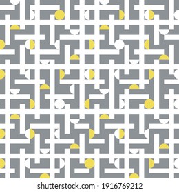 Modern geometric seamless vector pattern with white rectangular maze texture and white, yellow circles on grey background. Suitable for wallpaper, prints, wrapping paper and web design.