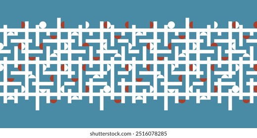 Modern geometric seamless vector pattern Border with white rectangular maze texture and circles on blue background. Modern illustration for prints, home decor and fashion fabrics.