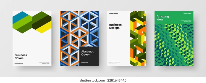 Modern geometric shapes front page template composition. Clean leaflet A4 vector design concept set.