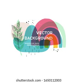 Diseño geométrico moderno con elementos dibujados a mano. Banner con motivos florales abstractos con espacio para copiar. Hojas superpuestas, arcoíris y formas simples plantilla para la cubierta, ropa de niño, blog, boletín informativo
