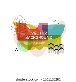 Modern geometric shapes layout with hand drawn elements. Floral motif abstract banner with copy space. Overlapping tropical leaves and simple shapes template for cover, apparel, blog, newsletter, vlog