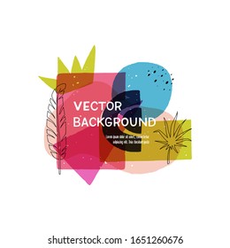 Modern geometric shapes layout with hand drawn elements. Floral motif abstract banner with copy space. Overlapping tropical leaves and simple shapes template for cover, apparel, blog, newsletter, vlog