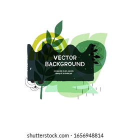 Modern geometric shapes layout with hand drawn elements. Floral motif abstract banner with copy space. Overlapping tropical leaves and simple shapes template for cover, apparel, blog, newsletter, vlog