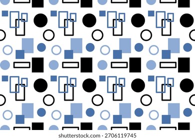 Padrão de formas geométricas modernas.Círculos e quadrados abstratos minimalistas em azul e preto